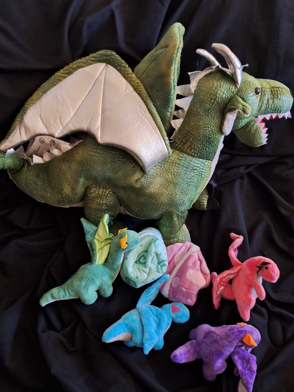 Dragon Plush Toy Set 21" Green Silver Mom With Zipper Pouch 4 Babies 2 Eggs